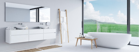 new modern bathroom with a nice view. 3d rendering