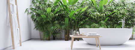 new modern zen bathroom with tropic plants. 3d renderingの写真素材