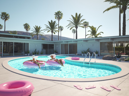 women swimming on float in a pool. 3d renderingの写真素材