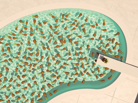Pineapples swimming in a blue pool. 3d renderingの写真素材