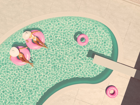 women swimming on float in a pool. 3d rendering