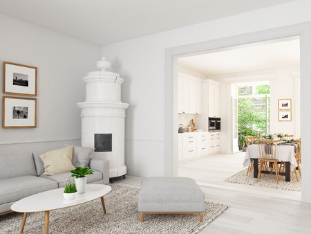 living room with nordic kitchen in loft apartment. 3D renderingの写真素材