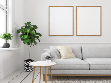 living room with empty picture frames. 3d renderingの写真素材