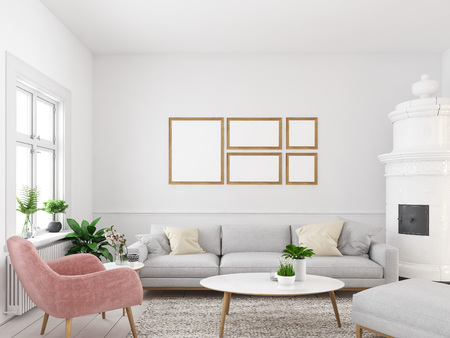 living room with empty picture frames and fireplace. 3d renderingの写真素材