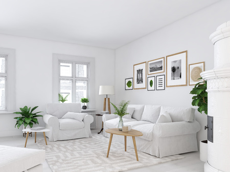 living room with picture frames and fireplace. 3d renderingの写真素材