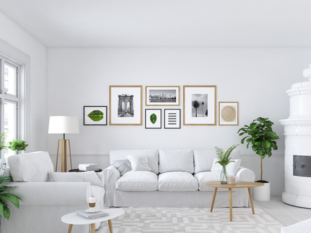 living room with picture frames and fireplace. 3d renderingの写真素材