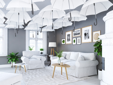 living room with picture frames and fireplace. covering umbrellas. 3d renderingの写真素材