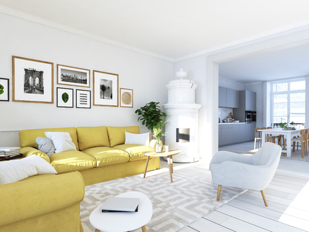 living room with picture frames and fireplace. 3d renderingの写真素材
