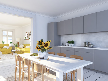 modern nordic kitchen in loft apartment. 3D rendering