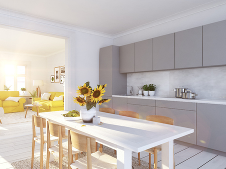 modern nordic kitchen in loft apartment. 3D renderingの写真素材
