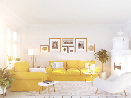 living room with picture frames and fireplace. 3d renderingの写真素材