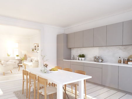 modern nordic kitchen in loft apartment. 3D renderingの写真素材