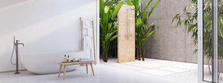 New modern zen bathroom with tropic plants. 3d renderingの写真素材