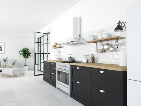 modern nordic kitchen in loft apartment. 3D renderingの写真素材