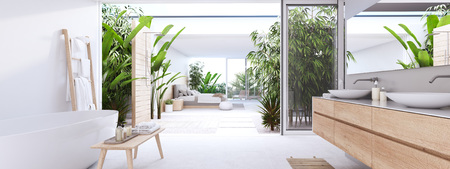 new modern zen bathroom with tropic plants. 3d renderingの写真素材