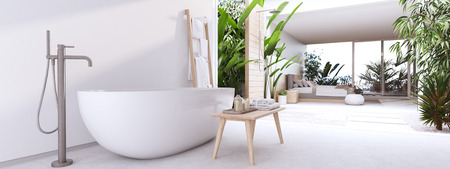 new modern zen bathroom with tropic plants. 3d renderingの写真素材