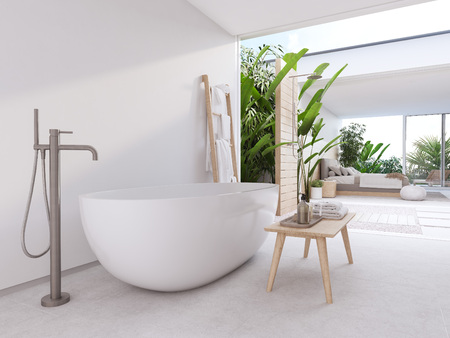 new modern zen bathroom with tropic plants. 3d renderingの写真素材