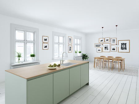 modern nordic kitchen in loft apartment. 3D renderingの写真素材