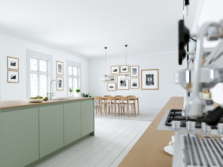 modern nordic kitchen in loft apartment. 3D renderingの写真素材