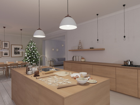 modern nordic kitchen in loft apartment. 3D renderingの写真素材