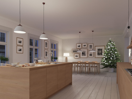 modern nordic kitchen in loft apartment. 3D renderingの写真素材