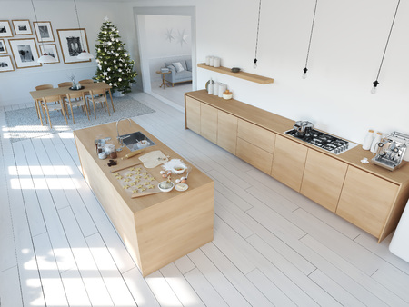 modern nordic kitchen in loft apartment. 3D renderingの写真素材