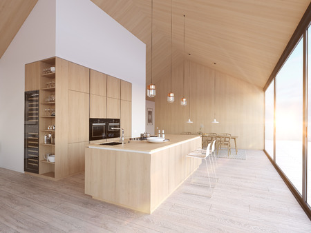modern nordic kitchen in loft apartment. 3D renderingの写真素材