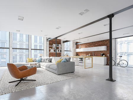 new modern city loft apartment. 3d renderingの写真素材