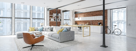 new modern city loft apartment. 3d renderingの写真素材