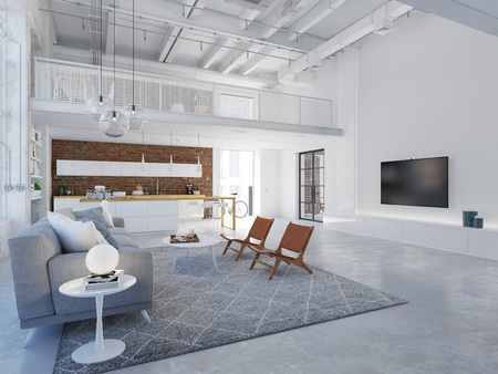 new modern city loft apartment. 3d renderingの写真素材