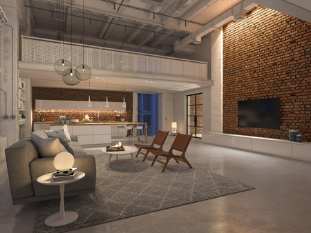 new modern city loft apartment by night. 3d renderingの写真素材