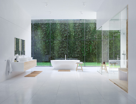3D new modern zen bathroom with tropic plants. 3d rendering