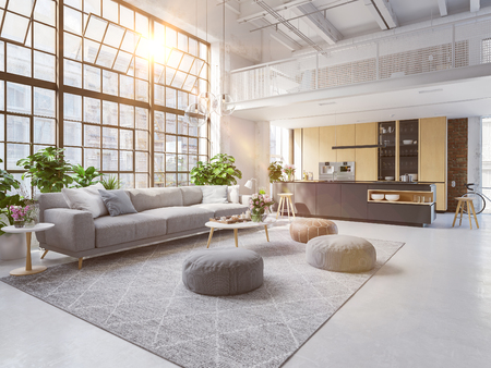 3D-Illustration of a new modern city loft apartment.の写真素材