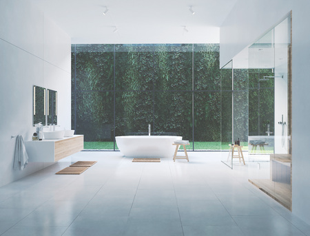 3D new modern zen bathroom with tropic plants. 3d renderingの写真素材
