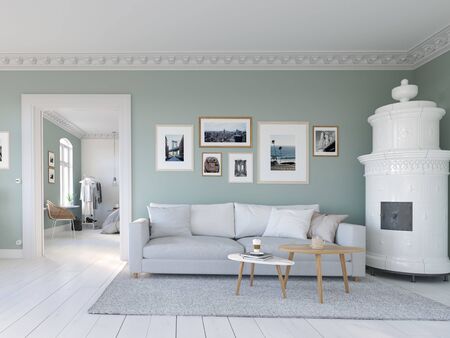 3D-Illustration. living room with picture frames. bedroom behindの写真素材