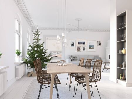 3D-Illustration. new nordic kitchen with christmas decoration.の写真素材