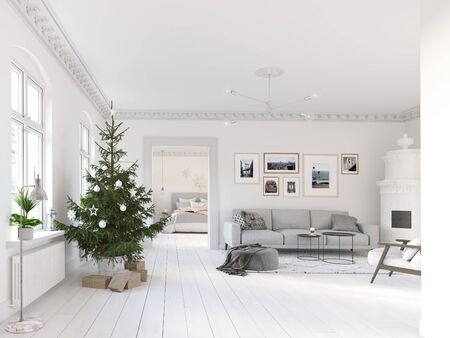 3D-Illustration. new nordic living room with a christmas tree.の写真素材
