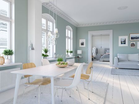 3D-Illustration. living room with picture frames. bedroom behindの写真素材