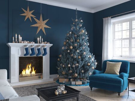 3D-Illustration. christmas scene with decorated tree and fireplace.の写真素材