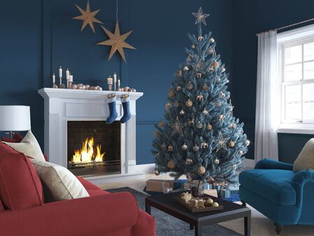 3D-Illustration. christmas scene with decorated tree and fireplace.の写真素材