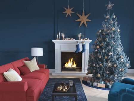 3D-Illustration. christmas scene with decorated tree and fireplace.の写真素材