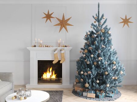 3D-Illustration. christmas scene with decorated tree and fireplace.の写真素材