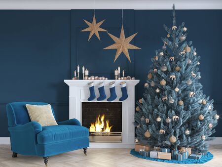 3D-Illustration. christmas scene with decorated tree and fireplace.の写真素材
