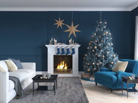 3D-Illustration. christmas scene with decorated tree and fireplace.の写真素材