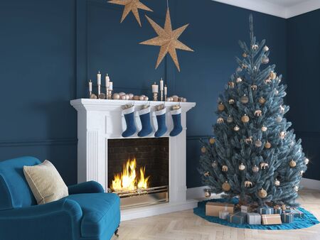 3D-Illustration. christmas scene with decorated tree and fireplace.の写真素材