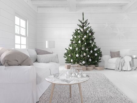 3D-Illustration. new nordic living room with a christmas tree.の写真素材