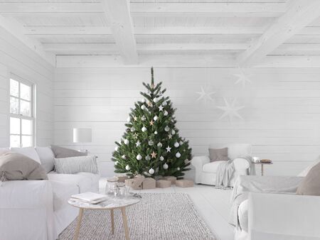 3D-Illustration. new nordic living room with a christmas tree.の写真素材