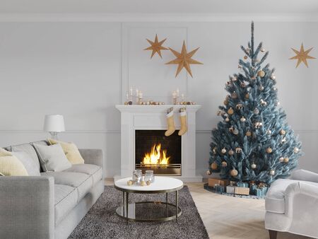 3D-Illustration. christmas scene with decorated tree and fireplace.の写真素材