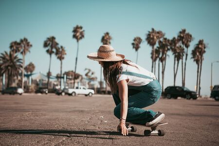 profi skater on a parking spot at santa monica. californiaの写真素材
