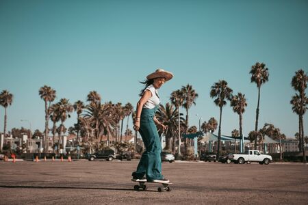 profi skater on a parking spot at santa monica. californiaの写真素材